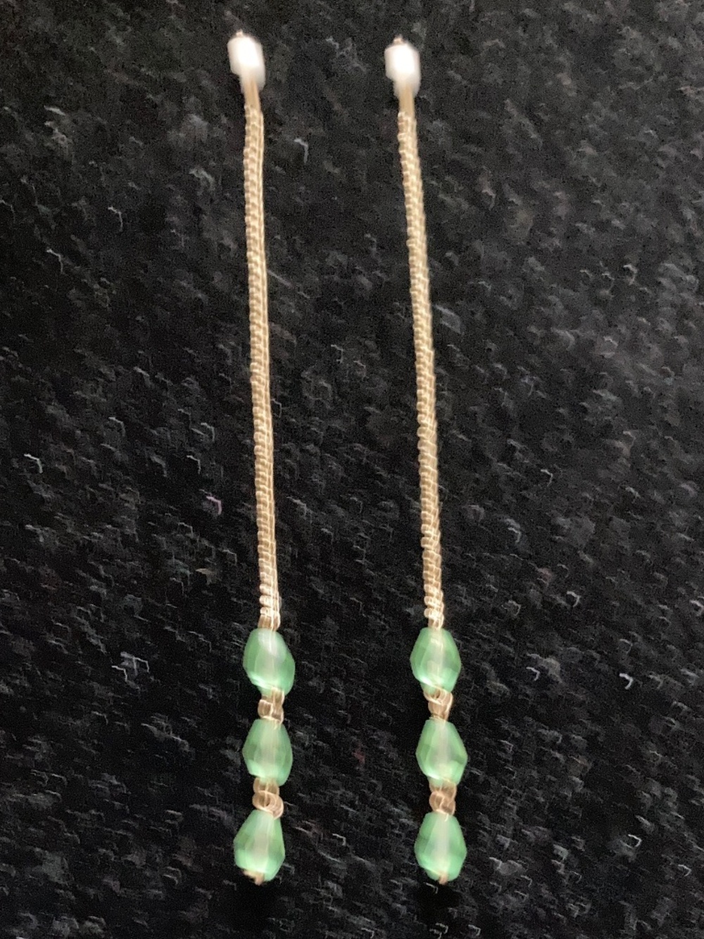 Yellow Gold Tone Long Threader Drop Earrings/Green Faceted Teardrop Beads/NEW!